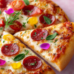 close-up of a pizza with its toppings arranged to resemble delicate, colorful flower petals
