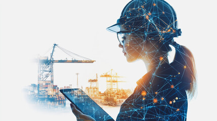 A beautiful female engineer is designing the workings of Container truck in ship port for business Logistics and transportation of Container Cargo ship and Cargo plane with working crane bridge 