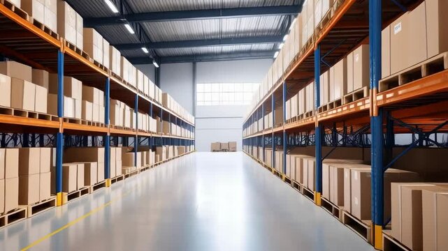 Interior of large warehouse with shelves stocked with cardboard boxes on pallets, ready for dispatch and distribution