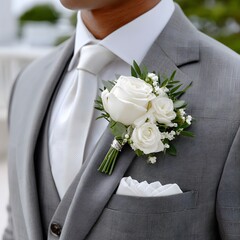 Close-up of a man in a gray suit, white shirt, and tie, wearing a white rose boutonniere