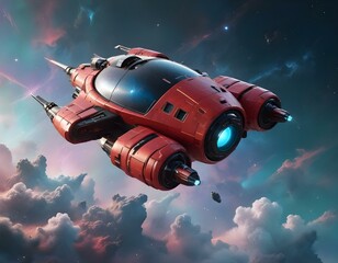 Fototapeta premium A sleek black and red spacecraft flying through a colorful nebula