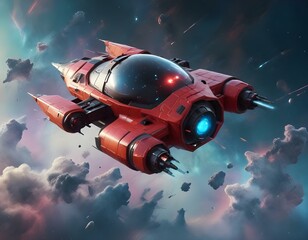 A sleek black and red spacecraft flying through a colorful nebula