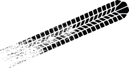 A black tire track with a square tread pattern fading out on a white background diagonally across frame