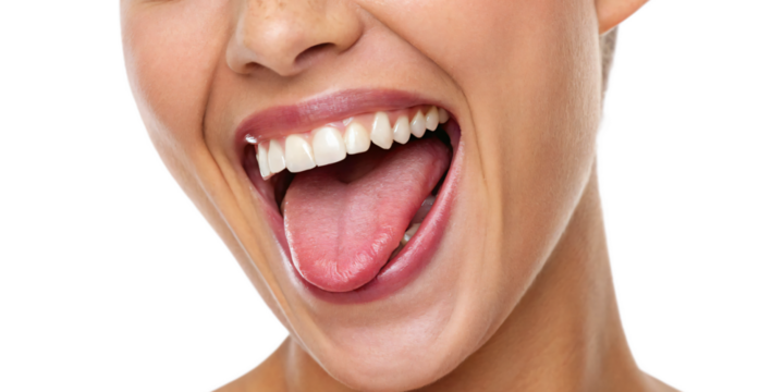 woman's mouth, teeth and sticking out tongue, isolated PNG
