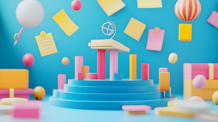 Obraz premium Colorful 3D Educational Abstract Still Life with Globe, Paper and Geometric Forms