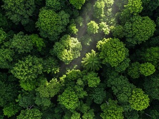 Aerial View of Lush Green Forest Canopy with Sunbeams