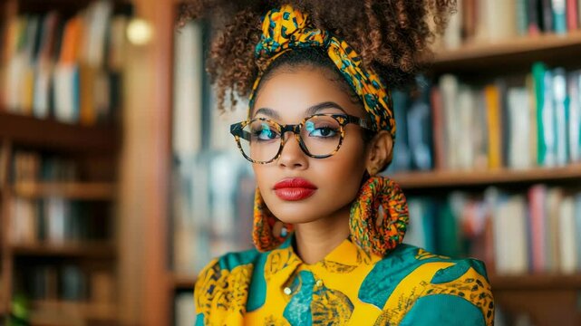 Stylish Woman with Glasses and Headwrap in Library