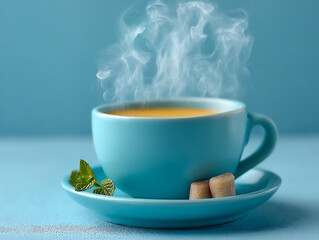 Fototapeta premium a cup of tea with steam forming intricate, recognizable shapes in the air above it, artistic steam,