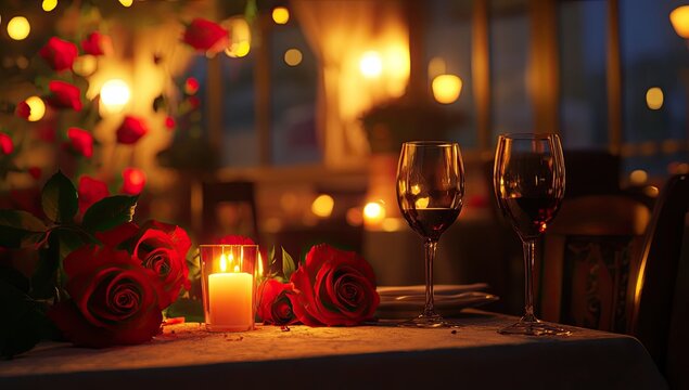 Romantic dinner setting with red roses and candles.  A warm and intimate ambiance for a special occasion