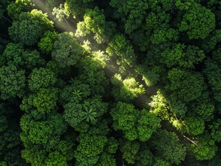 Fototapeta premium Top-Down View of a Forest with Sunlight Streaming Through Trees