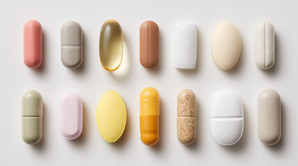 Obraz premium studio image of assorted modern medicine tablets arranged neatly on a clean white surface, top-down view