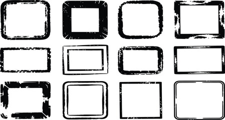 Collection of twelve black grunge frames with varying shapes and styles on a white background design