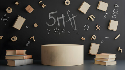 Educational background with chalkboard, geometric shapes and podium for presentation