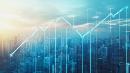 the peak of success amid tall, innovative Smart city and graphs with statistics to analyze business potential and predict future developments in company growth., innovative