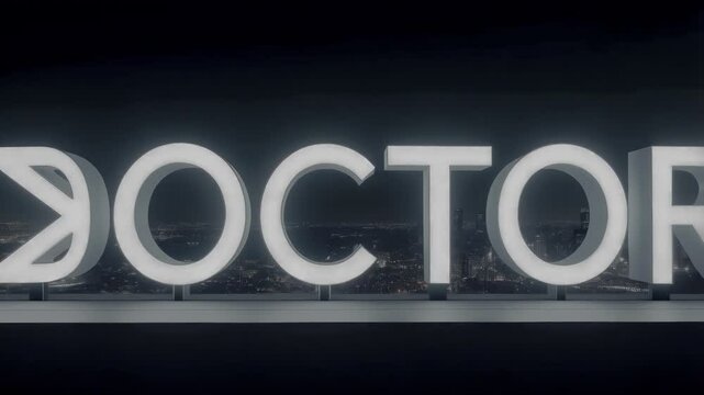 Illuminated &ldquo;DOCTOR&rdquo; lettering against a blurred city skyline, set on a reflective dark floor. Modern, sleek design