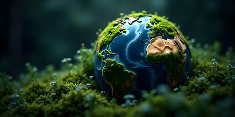 Close-up of an Earth globe covered in green moss, representing environmental conservation and ecology