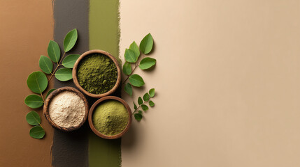 African healing elements like neem leaves, moringa powder, and traditional wooden containers, pastel earth-toned background
