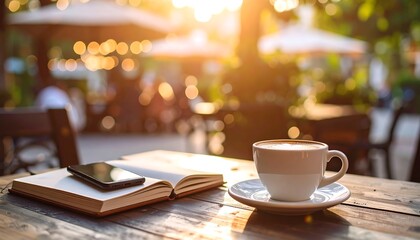 Sunrise Coffee Shop Relaxing Morning with Book and Phone