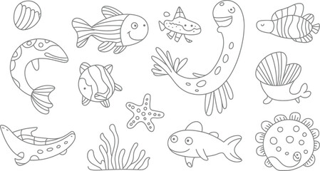Seamless pattern with cartoon marine animals, fish, and feathers