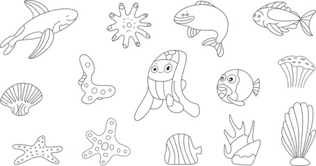 Obraz premium Hand-drawn doodle vector seamless pattern with cute cartoon sea animals