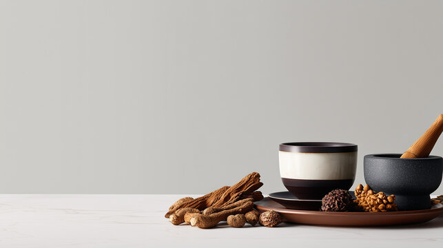 neat display of Kampo medicine elements like dried roots, mortar and pestle, and herbal decoction in a ceramic teacup, arranged with balance and elegance on a clean surface