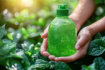  Eco-friendly cleaning product in hands amidst fresh green foliage, promoting sustainable professional cleaning solutions