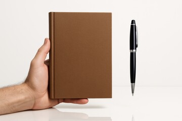 Close up of a hand holding a brown book next to a black pen on a white surface studio shot