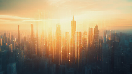 Smart city with connection network reciprocity over the cityscape social media networking systems that connects on the peak of success amid tall, innovative Smart city and graphs with statistics