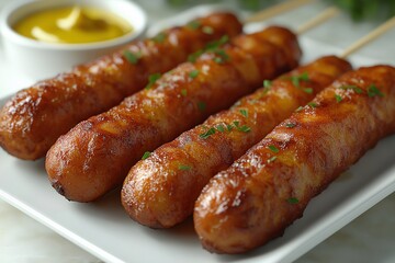 Grilled Sausage Skewers with Yellow Mustard. Delicious BBQ Snack and Summer Party Food