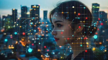 Obraz premium Smart city with connection network reciprocity over the cityscape social media networking systems that connects on the peak of success amid tall, innovative Smart city and graphs with statistics