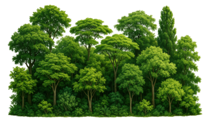 Lush Green Forest Landscape Featuring Diverse Trees and Foliage, Perfect for Nature Themes in Graphics and Design, Isolated on Transparent and White Background