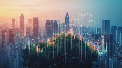 Obraz premium Smart city with connection network reciprocity over the cityscape social media networking systems that connects on the peak of success amid tall, innovative Smart city and graphs with statistics