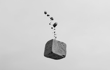 Floating stone block in slow motion fragmenting under the weight of debt against a void, symbolizing financial collapse and tension