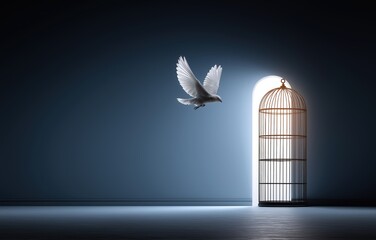 Open door of financial freedom with a bird escaping into the horizon from its cage, symbolizing liberation and new beginnings