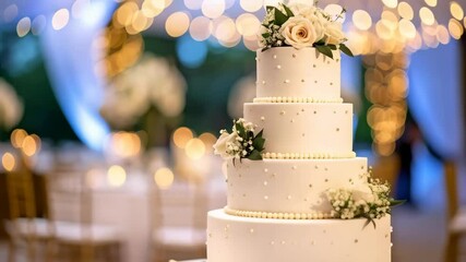Elegant four-tiered wedding cake decorated with white roses and greenery, soft lighting, romantic backdrop.