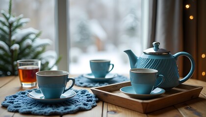 A teapot, cups and a glass of tea sit on a wooden tray on a table in front of a window with snow-covered trees outside