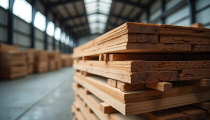 A stack of wooden planks in a large warehouse setting
