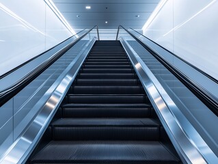 Obraz premium Modern Metal Escalator Staircase. Contemporary Urban Architecture with Bright Lighting and Symmetrical Design