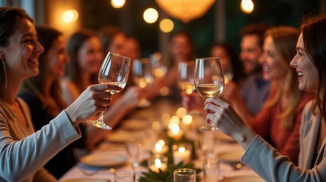 Friends raising wine glasses in celebration at cozy evening dinner party