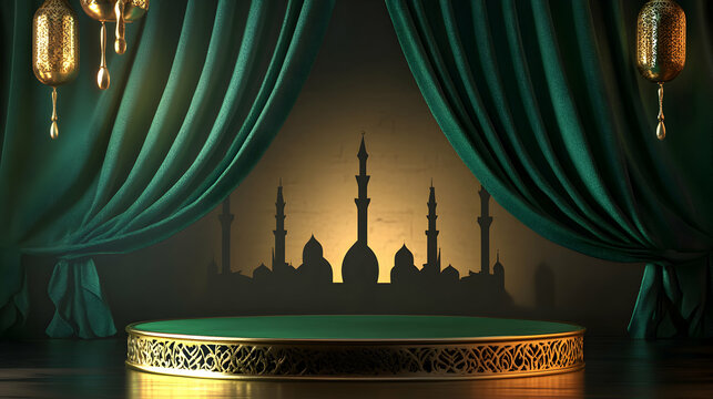 Elegant Islamic Podium with Green Curtains and Golden Accents for Festive Occasions