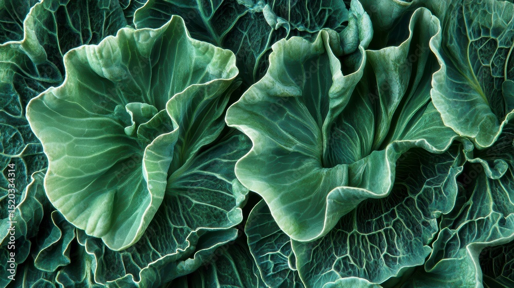 Poster close-up of vibrant green cabbage leaves, showing intricate texture and veining.