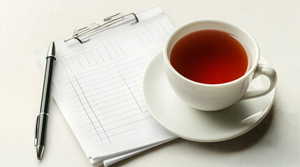 Tea break during work: A cup of tea with paperwork for relaxation and focus