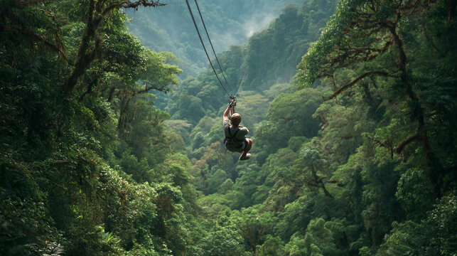 Zip Line Adventure Through Lush Forest: Thrilling Outdoor Exploration in Scenic Green Mountains