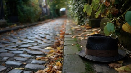 Fototapeta premium Autumn Alleyway: Brown Hat on Cobblestone Path