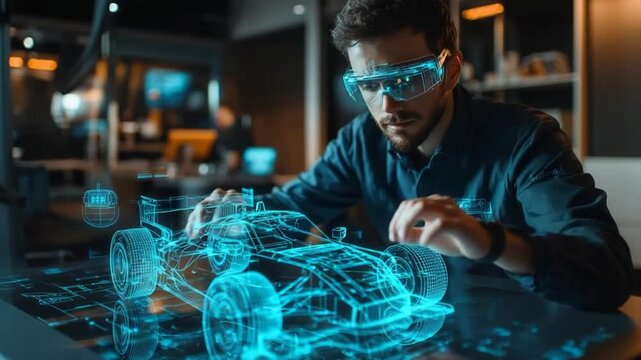 Engineer using augmented reality glasses to design a futuristic race car hologram