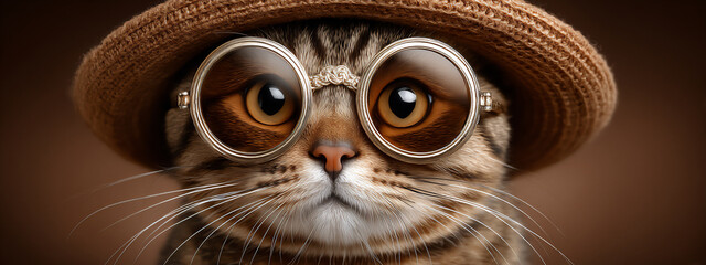 humorous photograph of a cat wearing oversized sunglasses and a tiny hat