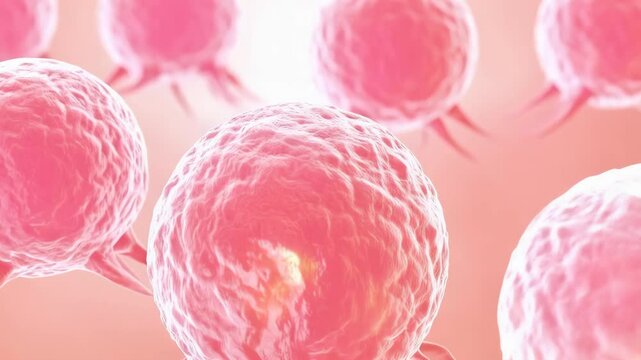 Microscopic view of pink cancer cells, disease growth concept, 3D rendering, spreading cancer, malignant cells with visible surface texture and cell structures in medicine