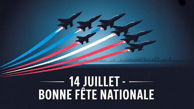 Happy Bastille Day - in French , Colourful overlapping silhouettes of Aircraft for Bastille Day, 14th July, Celebration Event, French Flag, Bonne Fête Nationale - 14 juiy, created with generative ai
