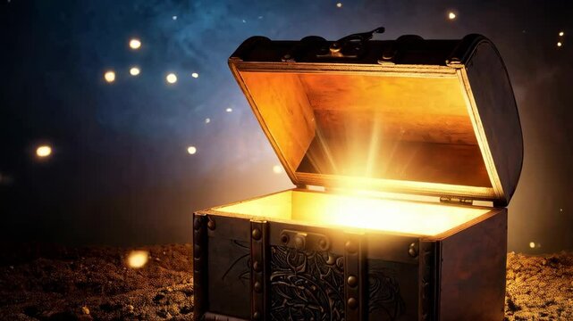 Illuminated wooden treasure chest on textured ground emitting a bright light against a dark sky backdrop with glowing orbs