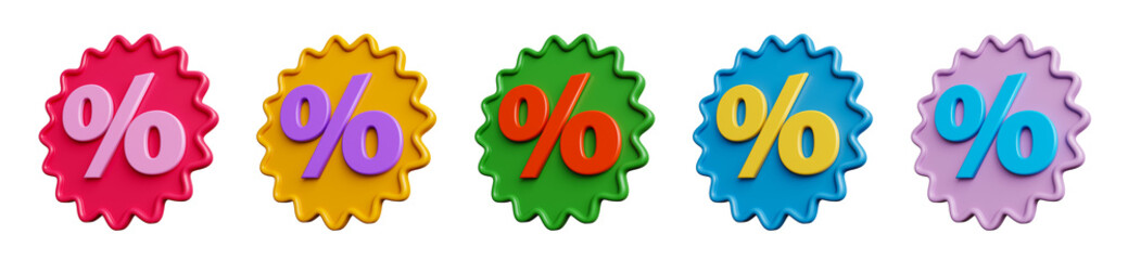 Colorful percent badge set isolated on transparent background. 3D render.